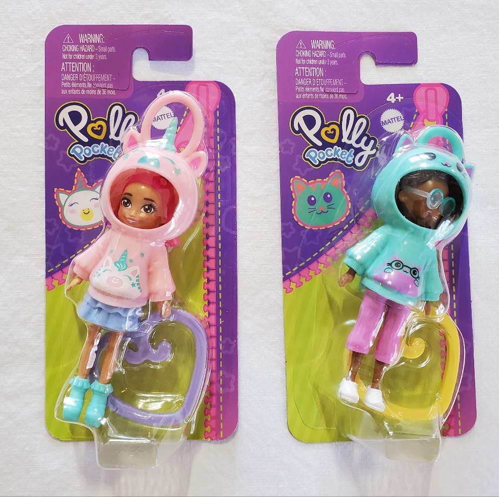 Polly Pocket Hoodie Dolls, Margot with Unicorn Hoodie & Shani with Cat Hoodie